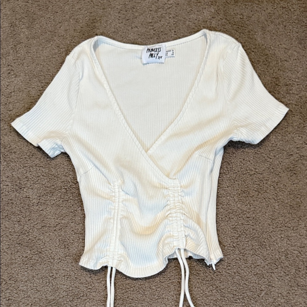 Princess Polly Cream Ribbed Ruched Blouse